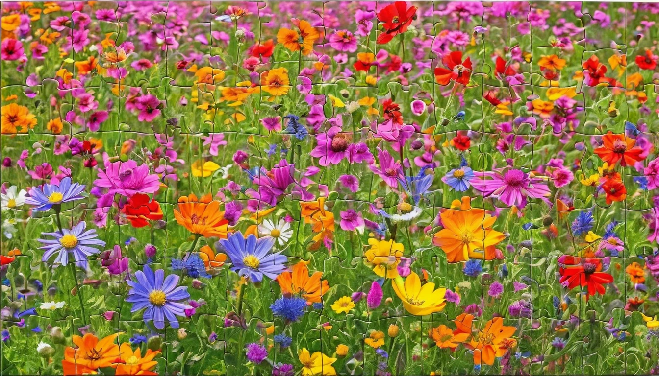 There are many different colored flowers blooming in the fields., A big flower in front、Wildflowers, Meadow flowers, Wildflowers, Flower meadow,Puzzle parts throughout、