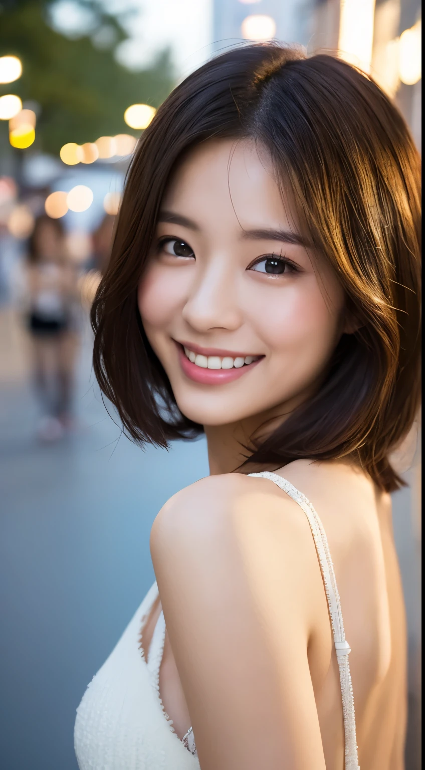 Short Hair Outdoor Fair Skin Disheveled Hair smiling Japan Woman, Super Cute, Soft and Face, Brown Hair, 8K Resolution, Ultra Realistic, Super Definition, Soft Body Toned Ass Night, A Cup Small ((Highest Definition, 8k, Masterpiece: 1.3)), Super Definition Face, Super Definition Lips, Fine Eyes, Double Eyelids