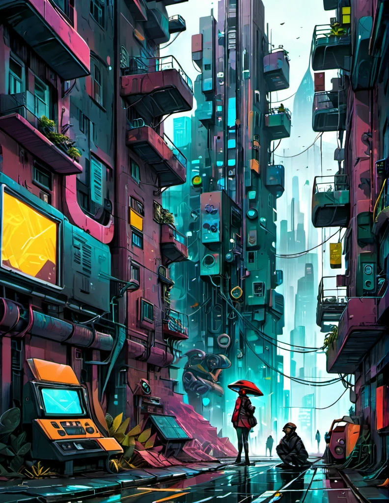 
"Generate a digital illustration that blends surrealistic elements with futuristic aesthetics, focusing on dystopian urban landscapes. Highlight the combination of organic and geometric shapes, with a vibrant color palette contrasting against dark tones. The scene should include human or humanoid figures interacting with advanced technology in unexpected ways. Prioritize creativity and originality in the composition to create a witty and unique piece."