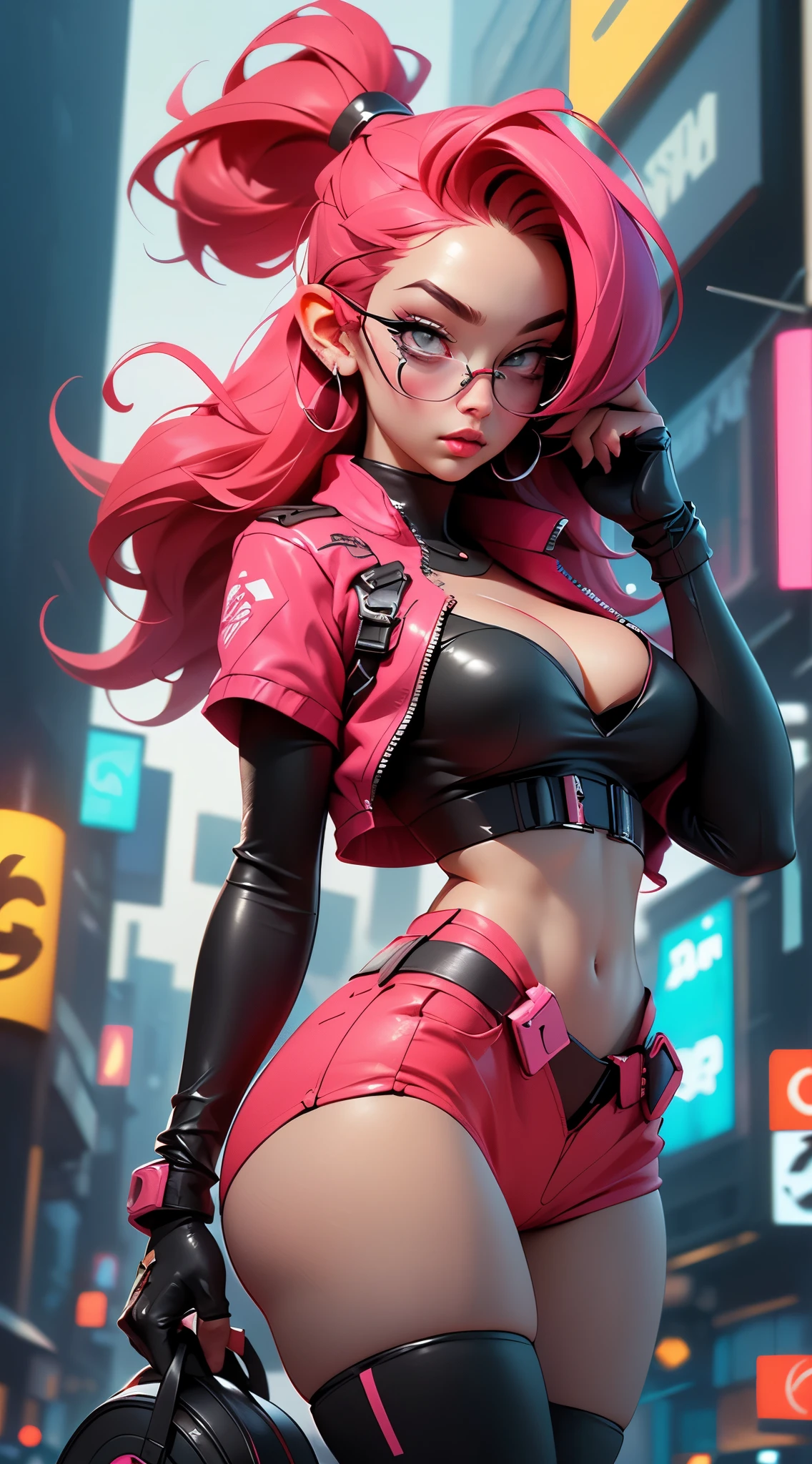((Best Quality, best resolution, award-winning portrait, official art)), ((perfect Masterpiece)), ((Realistic)) and ultra-detailed photography of a 1nerdy cyberpunk girl with goth and post apocalyptic colors. She has ((long red hair)), wears a (Harajuku-inspired cyberpunk tech-wear top) and a (Harajuku-inspired cyberpunk tech-wear bottom:1.2) , ((the most beautiful and y aesthetic)), sexsuper huge enormously gigantic , cleavang, hot, sexy, seductivslutty