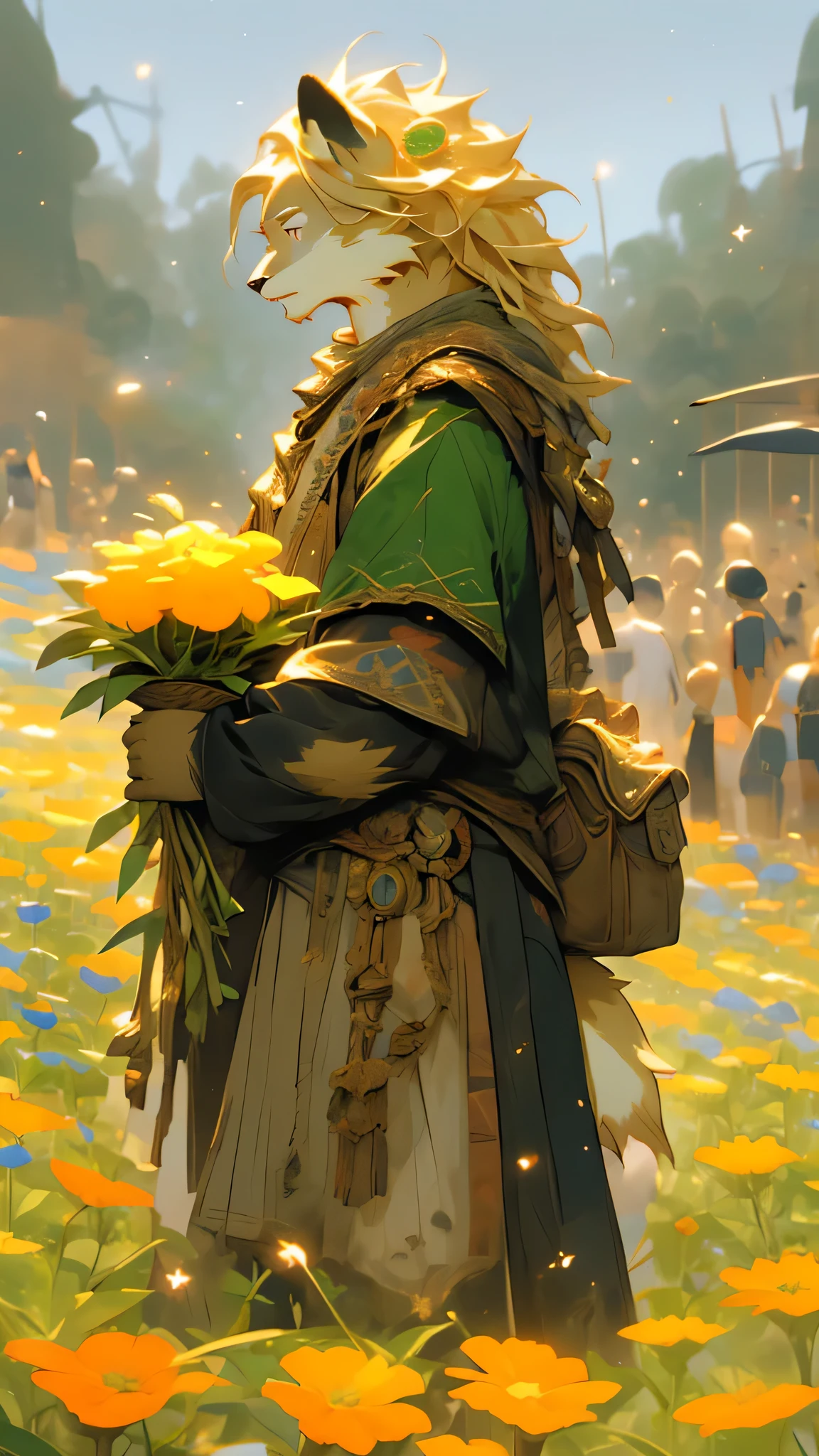 gold tone，Head to Body Ratio1:7，Young guy figure，emaciated，Fu Rui，furry，Holding a bouquet of flowers，Create the magic of flower fields，Flower field scene，Eye contact，emerald eyes，Blonde hair，Normal face shape，The clothes tend to be medieval European style, with a slightly gorgeous court style