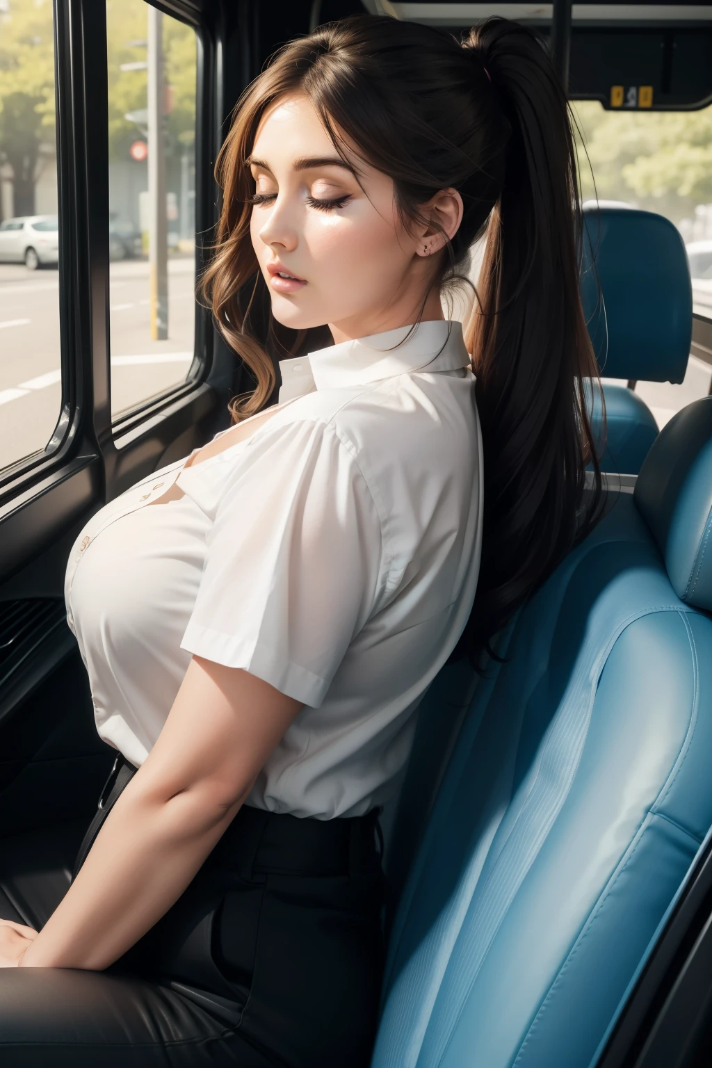 masterpiece, best quality, ultra high res, ultra-detailed, nfsw, inside a public bus, night, night city illumination, beautiful night city landscape, 1 girl, slut, MIlF, 40 years old, red hair, blue eyes, long air bangs hairstyle, red gloss lipstick, black eyeliner, hairy pubic hair, (gigantic tits and giant cleavage), wet, (unbuttoned white shirt: 1.3), (no bra: 1.3), (pleated black mini skirt: 1.3), (black lace-trimmed tights: 1.3), (black short boots: 1.3), (school red ribbon: 1.3), horny, sexy, (she is sitting and spreading her legs wide open on a bus and playing with her pussy while squirting lots of cum and having a horny slutty face and moaning with open mouth and tongue out: 1.6)