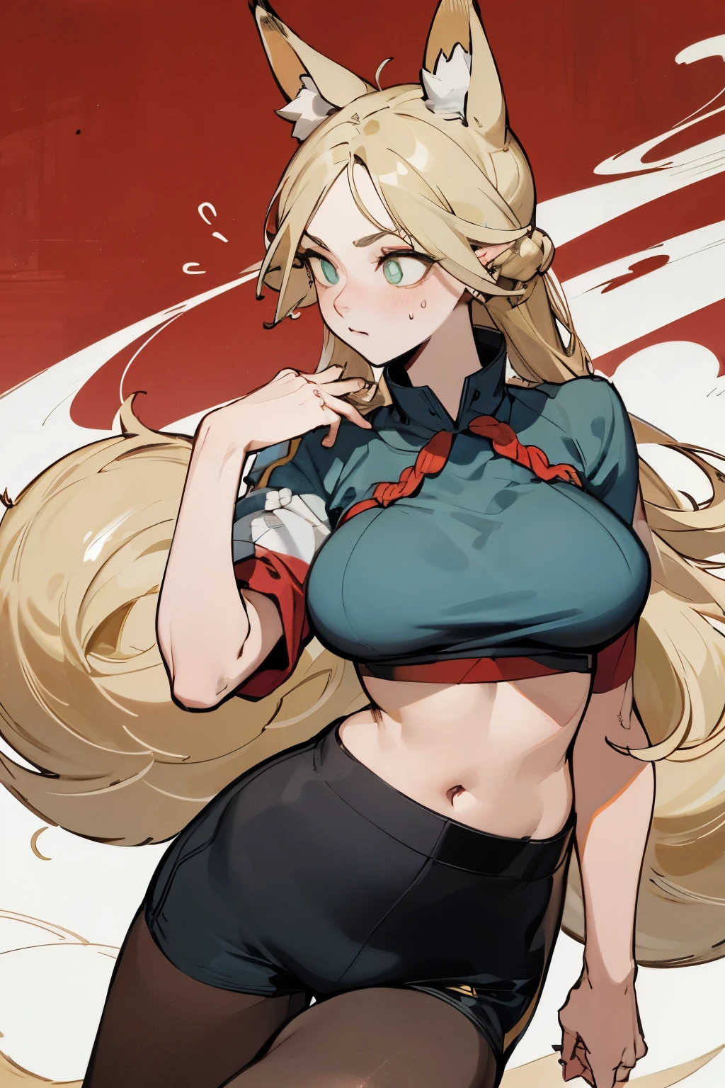 (Fox ears), Exquisite eyes,   Blonde ，Facial details,  Red Eyeshadow, Ukiyo-e, masterpiece, high quality, at the lowest limit, Large Breasts，Black pantyhose,solo,White short top, sports Shorts