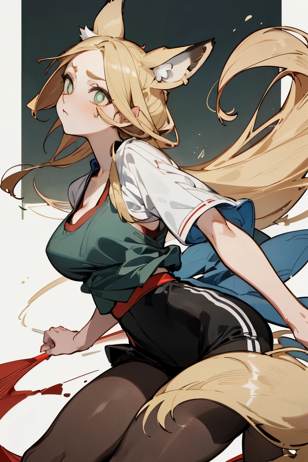 (Fox ears), Exquisite eyes,   Blonde ，Facial details,  Red Eyeshadow, Ukiyo-e, masterpiece, high quality, at the lowest limit, Large Breasts，Black pantyhose,solo,White short top, sports Shorts