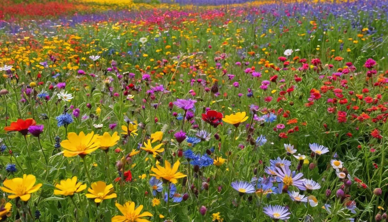 Flowers of various colors are blooming in the field, large flowers in the foreground, wild flowers, meadow flowers, wild flowers, flower meadows, puzzle parts throughout,