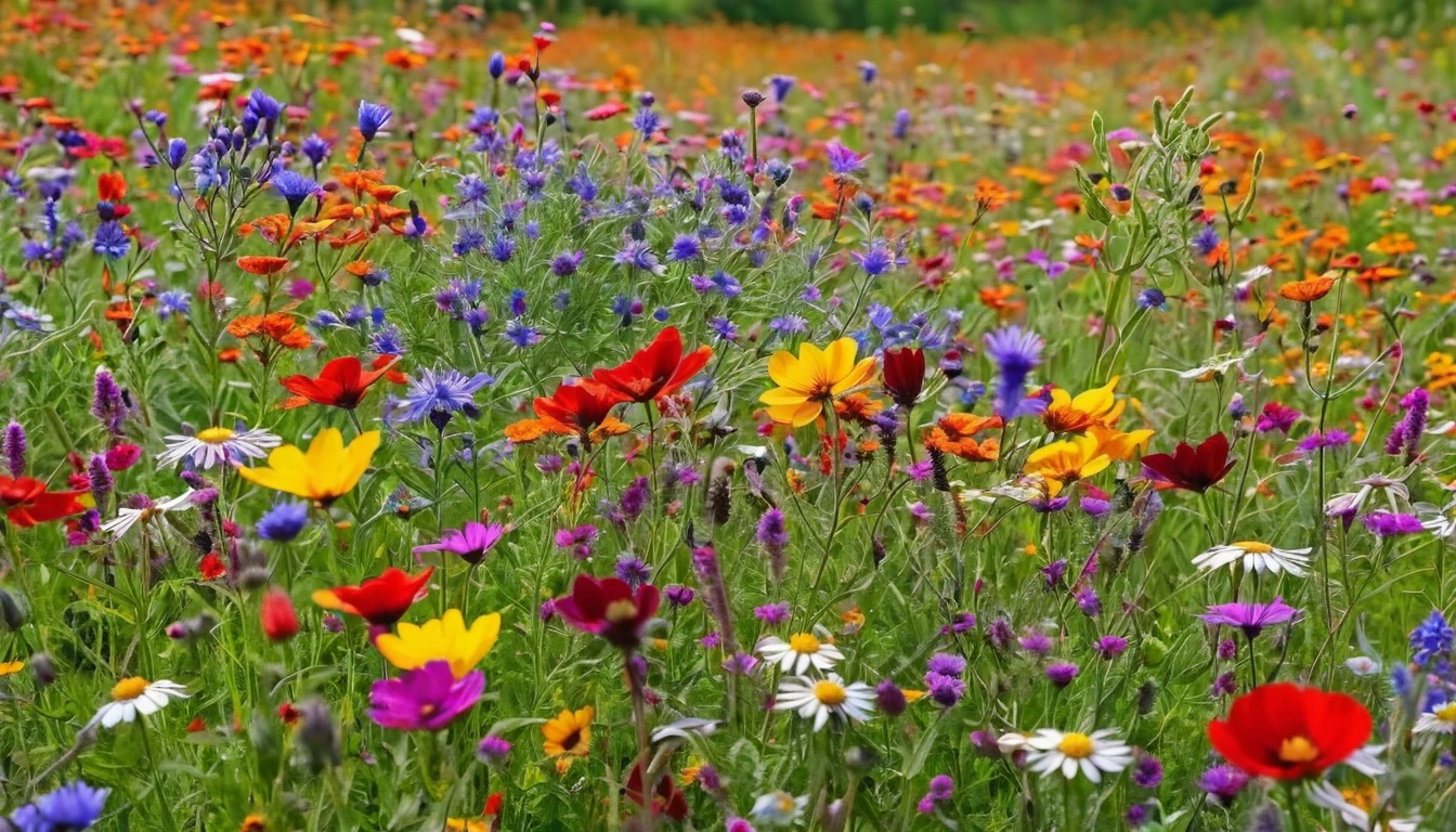 Flowers of various colors are blooming in the field, large flowers in the foreground, wild flowers, meadow flowers, wild flowers, flower meadows, puzzle parts throughout,