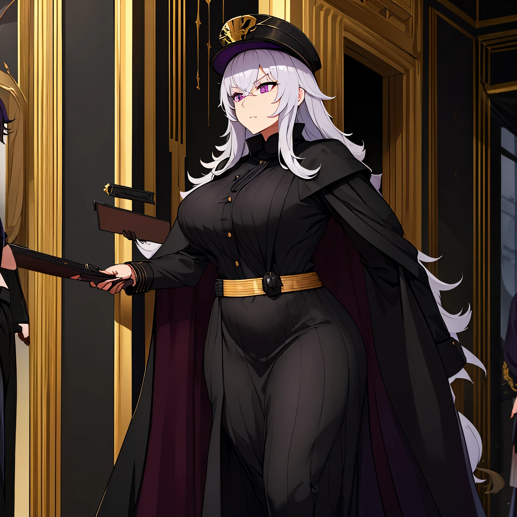 a woman wearing a black military dress with gold details, golden shoulder pads, long black cape, long gray hair, black military hat with gold details, purple eyes, walking in a luxurious room with white walls, golden pillars, medieval paintings.k, HDR , ultra resolution, sharp, masterpiece, 8K HD (solo woaman)
