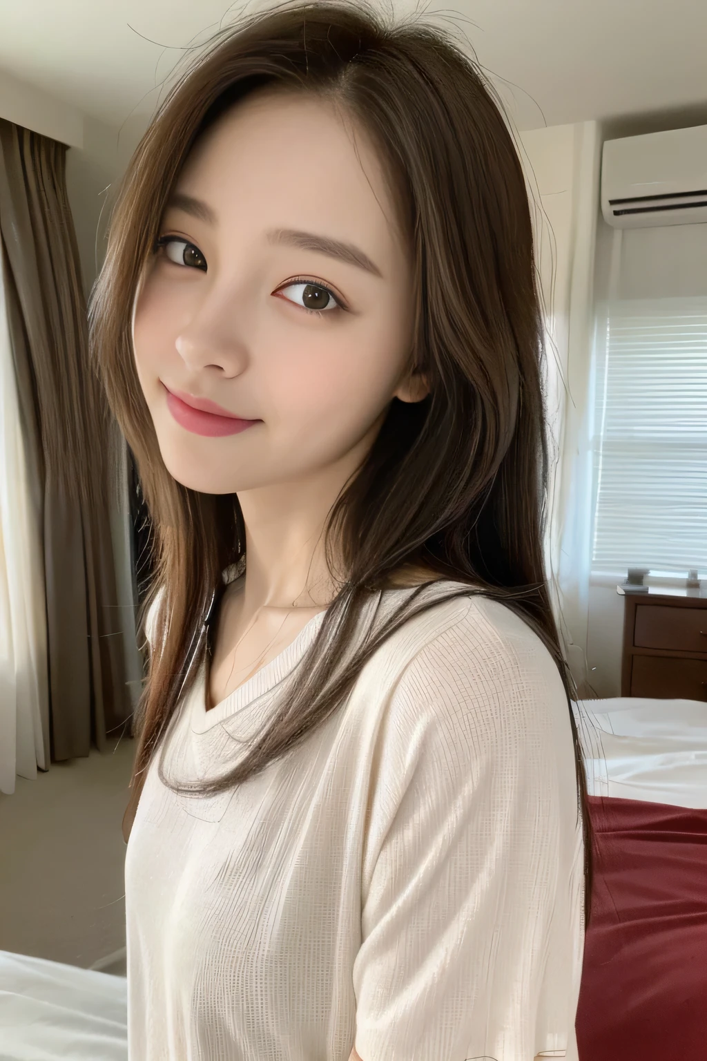 ((highest quality, 8K, masterpiece:1.3)), concentrated:1.2, Perfect body beauty:1.4, ????:1.2, ((Delicate Hair)), (Brightly colored pajamas、Short sleeve、Shorts :1.1) , ((highest quality、8K、masterpiece:1.3))、1 Girl、A sloppy smile、Esbian all over、Slim face、Big 、Beautiful woman、(Dark Brown Hair)、、1.1、Flickering Valley、Detailed eyes、double eyelid、Blurred Background、超Slim face、Looking down、Bedroom、