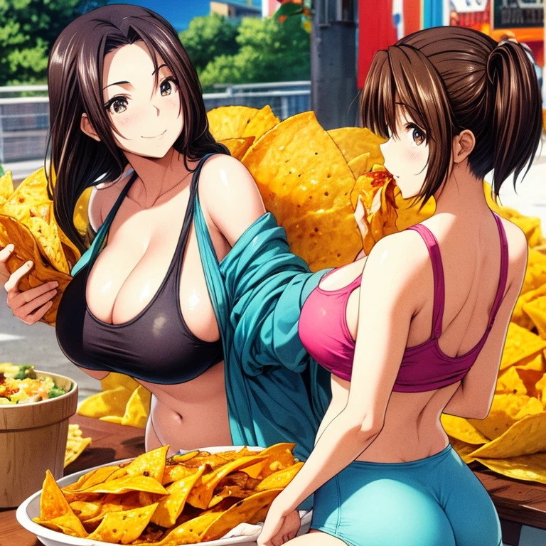 Mexican woman eating nachos at a Mexican food stall Tight hot pants Tank top Giant Nachos 1.5