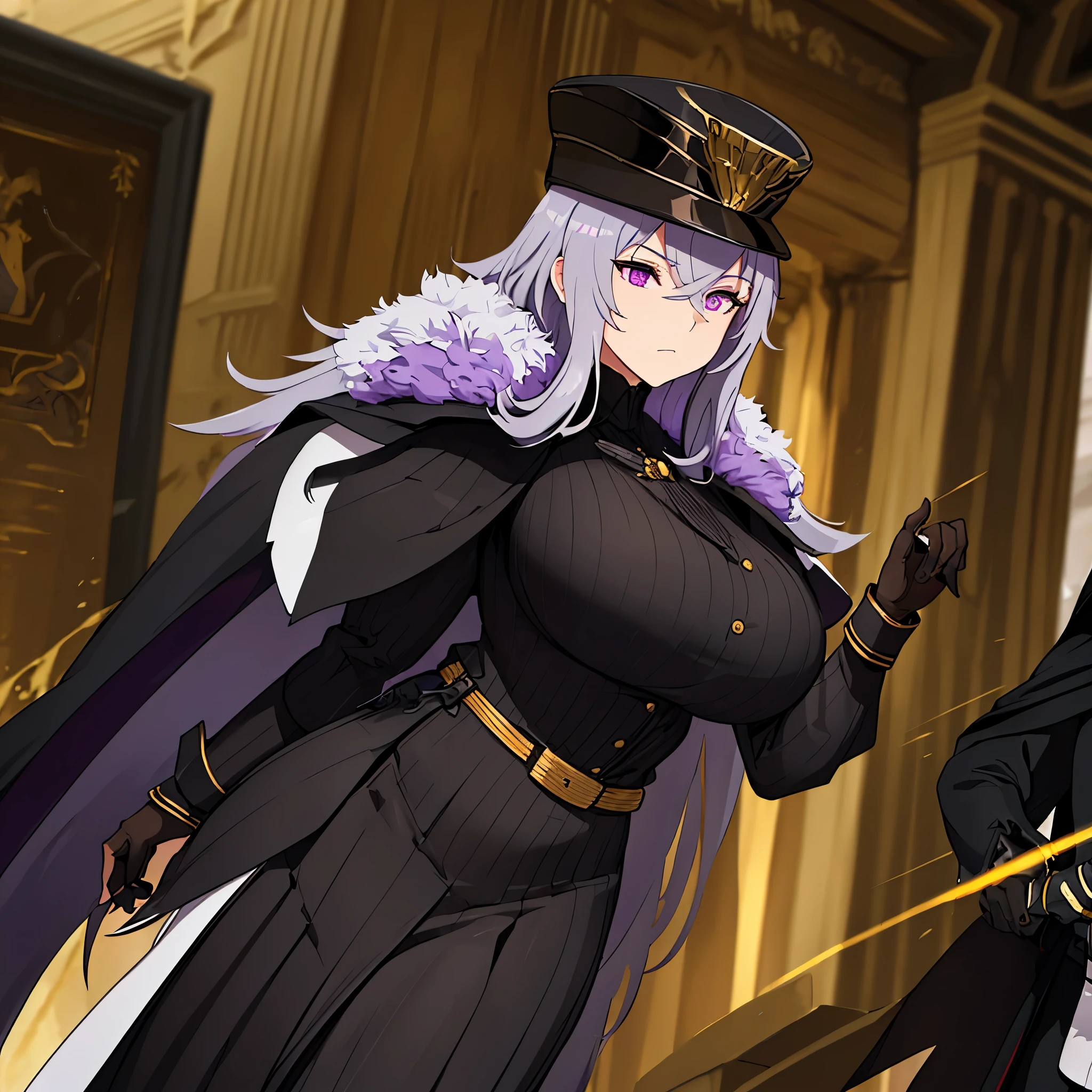 a woman wearing a black military dress with gold details, golden shoulder pads, long black cape, long gray hair, black military hat with gold details, purple eyes, walking in a luxurious room with white walls, golden pillars, medieval paintings.k, HDR , ultra resolution, sharp, masterpiece, 8K HD (solo woaman)
