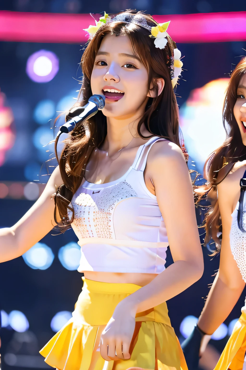 highest quality, Photorealistic, Very detailed, finely, High resolution, 8K Wallpaper, Professional, High level of detail,Detailed clavicle, Mid-chest、Perfect pretty face、Perfect pretty eyes、Cute eyelashes、(Idols singing on the big stage:1.5)、(Cute 14 year old girl:1.5)、Cute idol costume with mini skirt、((Full Body Shot:1.5))