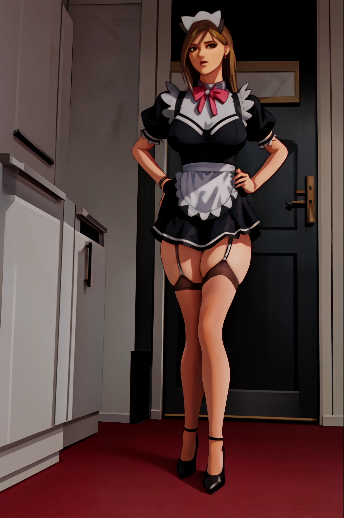 (highres, high quality:1.2), intricate details, cinematic lighting, retro artstyle, 
RisaMizutani, 1girl, mature female, solo, standing, (legs apart:1.1), spread legs, hands on hips, full body,
looking at viewer, determined,
blonde hair, long hair, brown eyes, earrings, jewelry, 
maid, maid headdress, bowtie, maid apron, black shirt, puffy short sleeves, miniskirt, white thighhighs, garter straps, high heels,
(curvy:1.1), large breasts,
indoors, luxury room, window, mansion,
