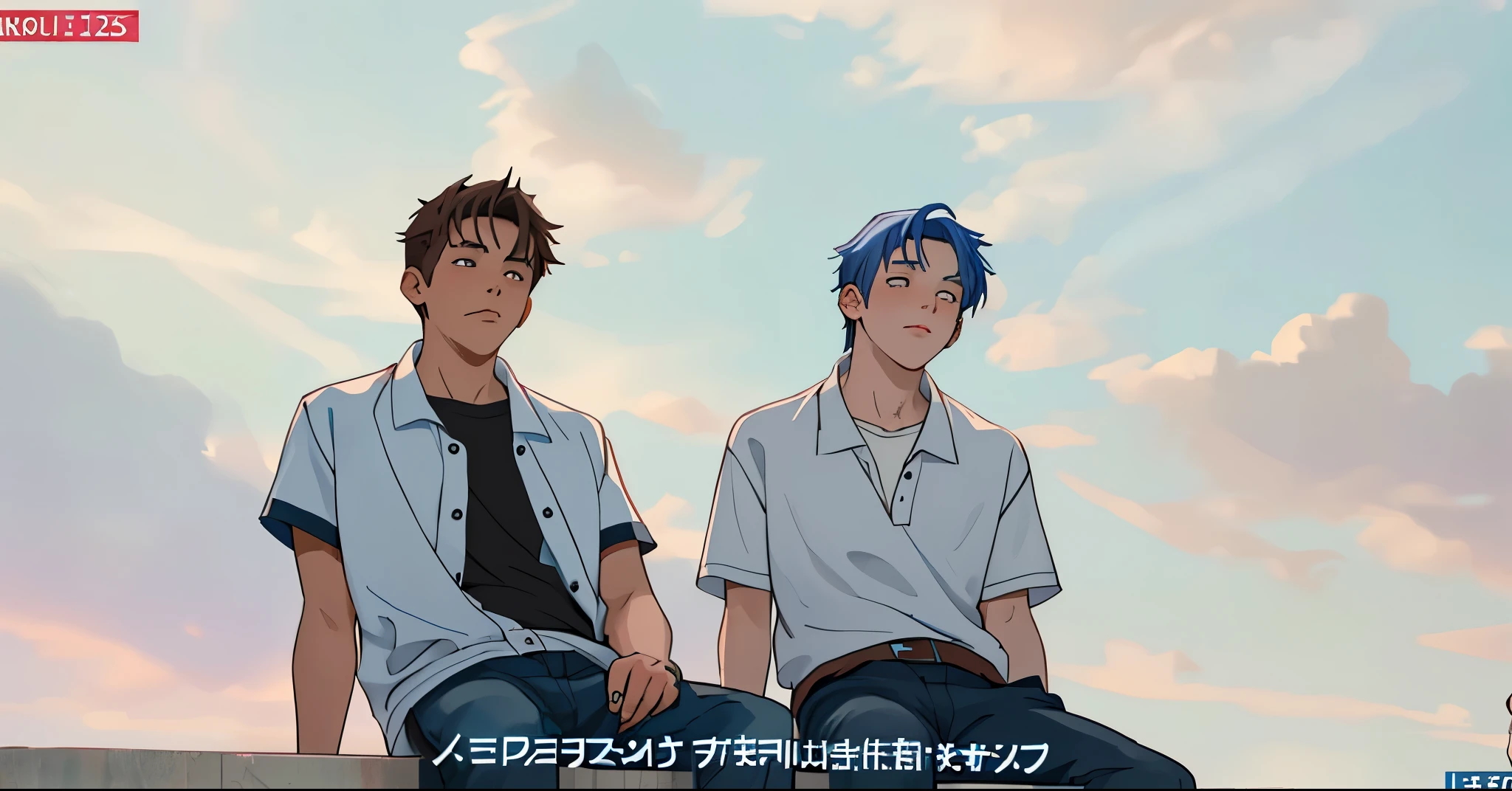 There are two 16 year old boys, one with blue hair and the other with brown hair.