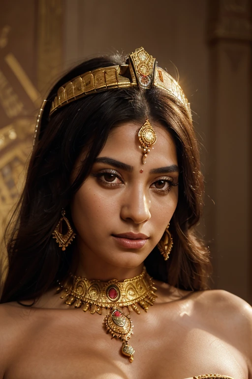 A lifelike and regal portrayal of an Egyptian goddess in the style of realistic portraiture. The goddess should be depicted with intricate and ornate attire befitting her divine status. The details of her jewelry, headdress, and facial features should be captured with precision. The background can include elements of Egyptian architecture or hieroglyphs. The lighting should simulate the warm and golden hues of Egyptian sunsets. The camera should use a medium telephoto lens (135mm) to focus on the goddess's facial details. The shot should be a close-up portrait, emphasizing her divine presence. The image should be rendered in high resolution (4K) for authenticity. (regal deity:1.3), (intricate attire:1.15), (ornate jewelry:1.1), (Egyptian architecture:1.15), (warm lighting:1.2), (medium telephoto lens:1.2), (close-up portrait:1.1), (high resolution:1.2)