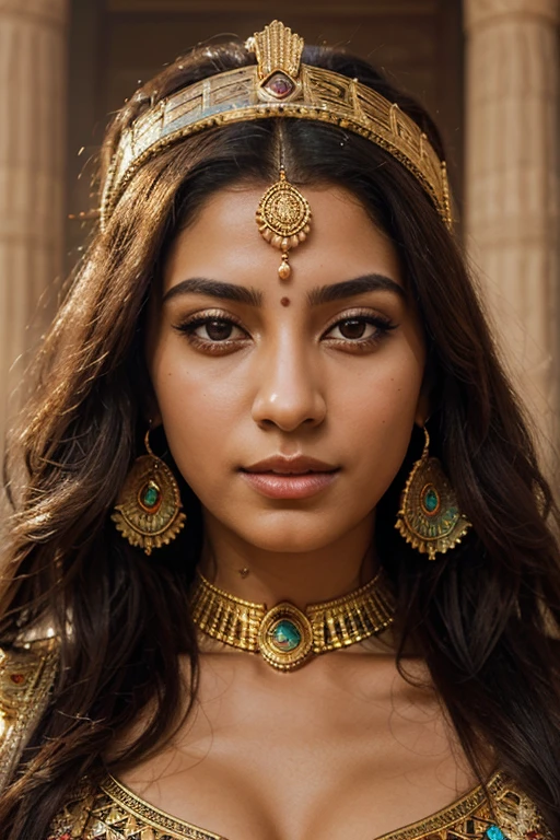 A lifelike and regal portrayal of an Egyptian goddess in the style of realistic portraiture. The goddess should be depicted with intricate and ornate attire befitting her divine status. The details of her jewelry, headdress, and facial features should be captured with precision. The background can include elements of Egyptian architecture or hieroglyphs. The lighting should simulate the warm and golden hues of Egyptian sunsets. The camera should use a medium telephoto lens (135mm) to focus on the goddess's facial details. The shot should be a close-up portrait, emphasizing her divine presence. The image should be rendered in high resolution (4K) for authenticity. (regal deity:1.3), (intricate attire:1.15), (ornate jewelry:1.1), (Egyptian architecture:1.15), (warm lighting:1.2), (medium telephoto lens:1.2), (close-up portrait:1.1), (high resolution:1.2)