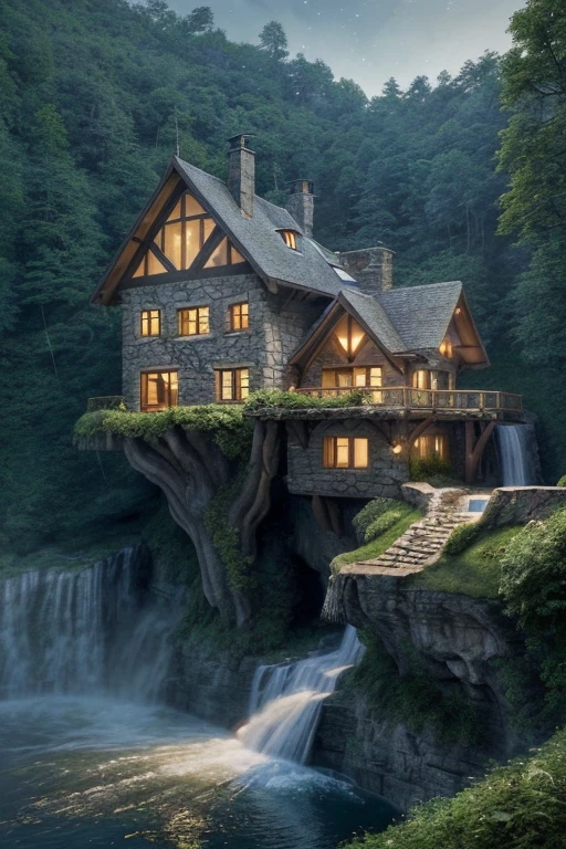 arafed house on a cliff overlooking a river with a waterfall, lake house, beatiful house, fantasy setting, beautiful place, build in a forest near of a lake, beautiful and mysterious, fantasy house, cozy place, setting in nature, fairy tale place, located in a castle, cottagecore!!, very close to real nature, idyllic cottage