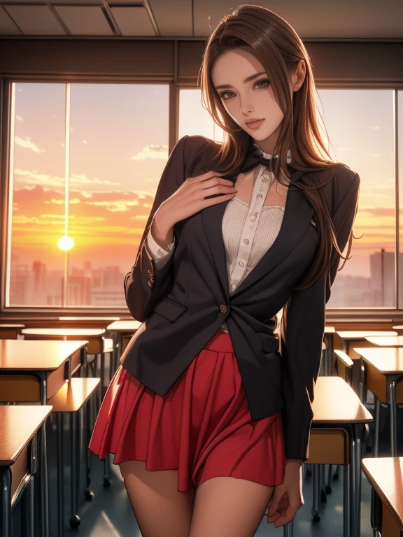 1 girl、（(Beautiful girl sitting in classroom)）、long legs、crossed legs、（(laughter)）、moderate sized breasts,、(8K、Raw photo、highest quality、master piece:1.2)、(hentel realism、photo realistic:1.37)、school uniform、（(Girl in white blazer、Open in front of uniform)),　Badge on the chest、、translucent white shirt、、red tie、、flare skirt，Refinement check,((wearing a skirt)),Light chestnut long straight hair,,（skyscrapers outside the window）、wearing glasses,((I can see my pants)),((Skirt soars in the wind))、