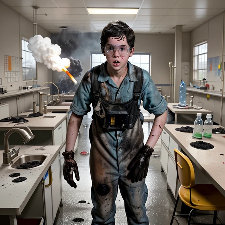 A scene from a comedy movie in which a boy scientist is caught in an explosion after an experiment goes wrong and is covered in soot.