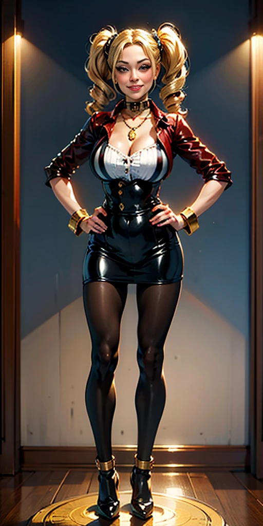 1solo MILF full body standing straight symmetrical, looking at viewer, hands on hips, twin drills twin tails, striped pantyhose, golden handcuffs on their hands with a black leather collar around the golden heart necklace, hands on hips, lustful smirking smile face red blushed