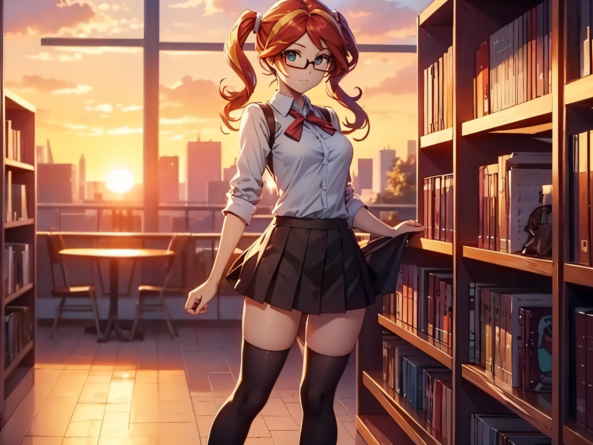 sunset shimmer, short skirt, knee socks, glasses, pigtails, cute, library
