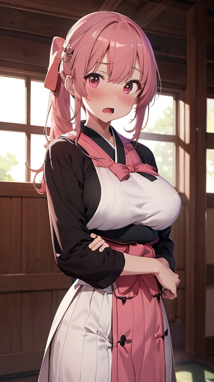 mastute piece,Best Quality,insanely detailed,8k cg,
shoot upper body,
1woman,18age,standing,body in front,looking at viewer,(kendo uniform,kendogi),break,
blush,shy,(trembling:1.2),pink hair,break,open mouth,large breast,kendojo,