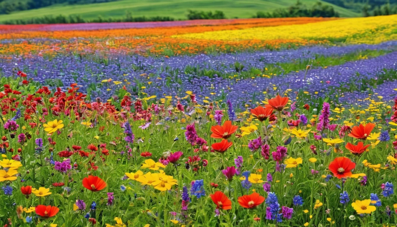 puzzle,There are many different colored flowers blooming in the fields., A big flower in front、Wildflowers, Meadow flowers, Wildflowers, Flower meadow,