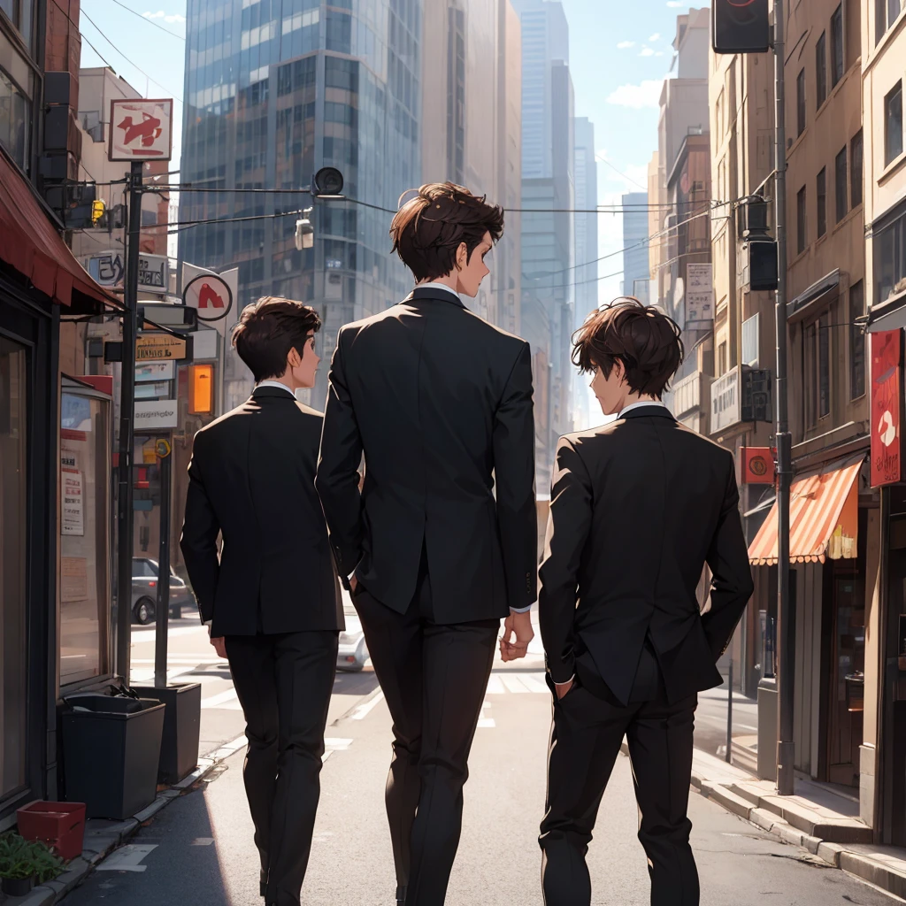 1boy, short brown hair, brown, all black suit, city, absurdres, high res, ultrasharp, 8K, masterpiece, looking at viewer from behind