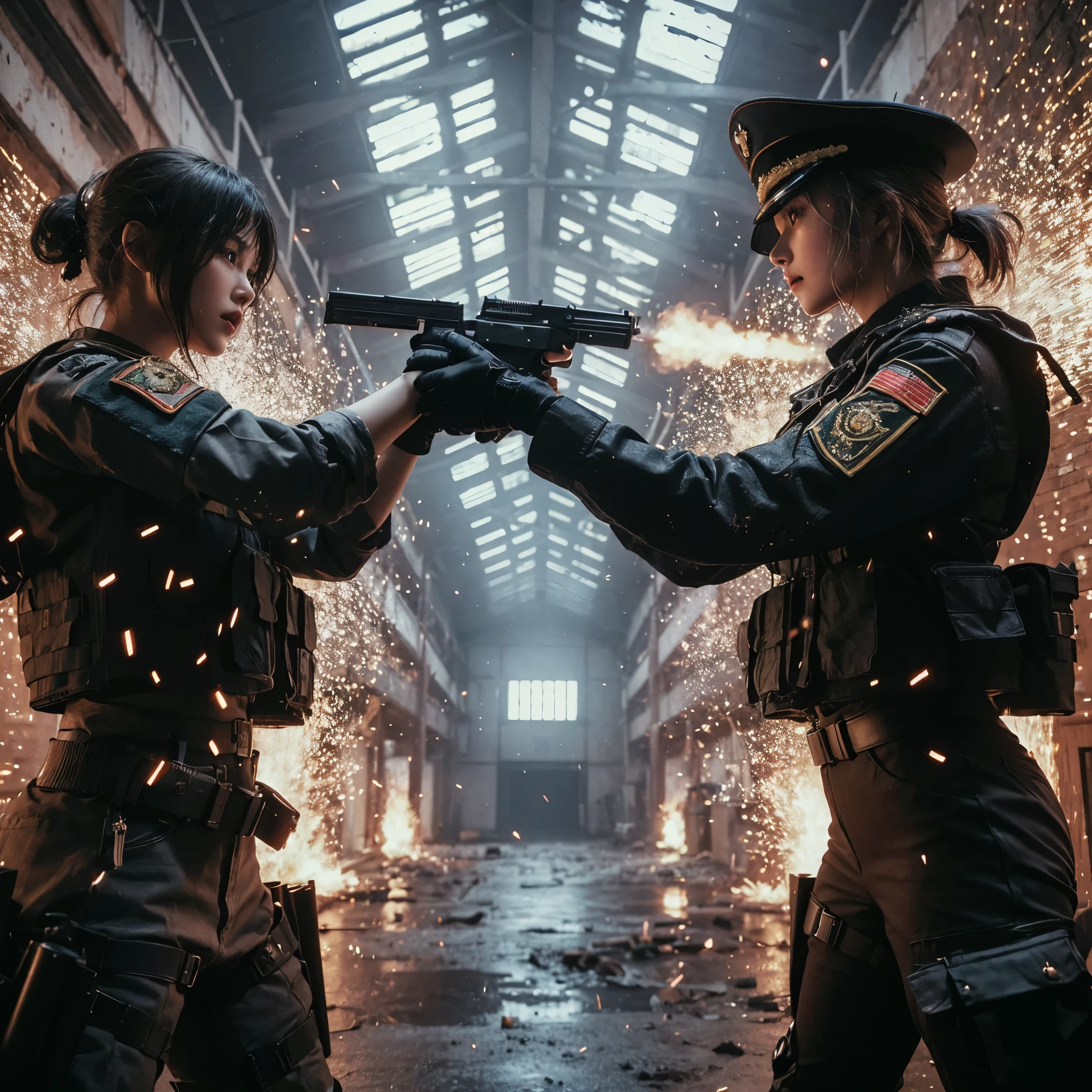 ((very sharp photo result & detailed face)) (((textile shading))), (((Best Quality))), (((masterpiece))), (((hyper realistic photo))) movie scene, cinematic movie movement full body action shoot, japanese & russian girl both wearing messy military suit full badge with general hat, open button, show their lace brassiere, big breast, action kinetic jumps & pointing guns each other, sparks fire everywhere, located on chaos russian military facility, gritty atmosphere,8K, perfect cinematography, john wick style
