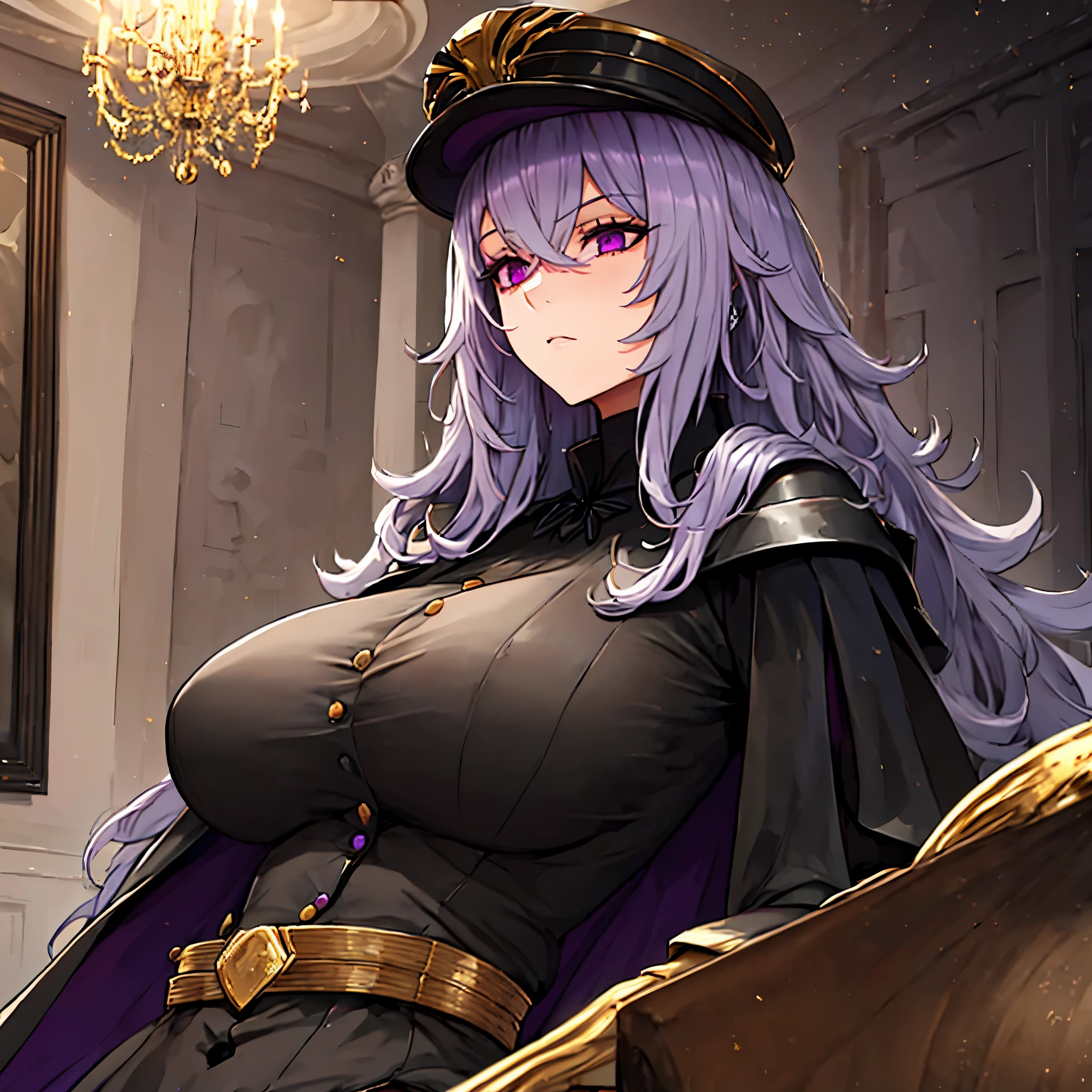 a woman wearing a black military dress with gold details, golden shoulder pads, long black cape, long gray hair, black military hat with gold details, purple eyes, walking in a luxurious room with white walls, golden pillars, medieval paintings.k, HDR , ultra resolution, sharp, masterpiece, 8K HD (solo woaman)
