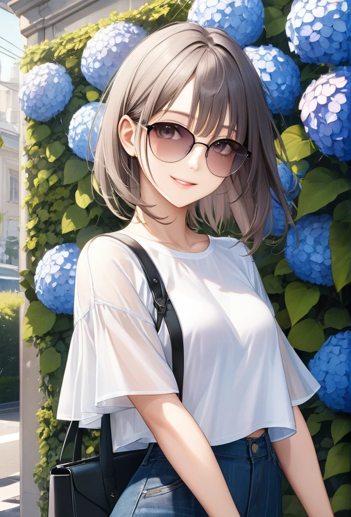 very cute and beautiful anime girl, 20 years old, Standing in front of a the hydrangea wall, (from front:1.5), street fassion, smile, wearing sunglasses, cowboy shot,sunlight, masterpiece,best quarity,ultra detailed, ultra high resolusion, 8k, high detailed face,