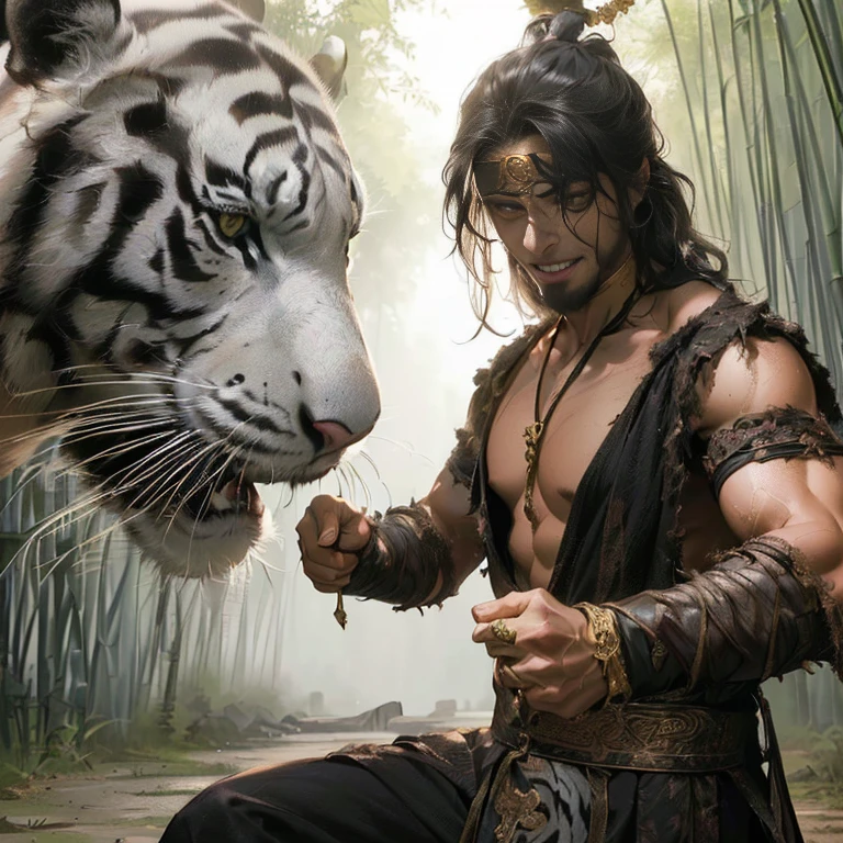 arafed man with tiger and tiger in background, a wizard battling a tiger, tiger_beast, lord of the jungle, masayoshi suto and artgerm, lion warrior, powerful warrior, fantasy character photo, trending digital fantasy art, male warrior, artgerm and genzoman, kerem beyit, picture of an adult male warrior, arabian samurai