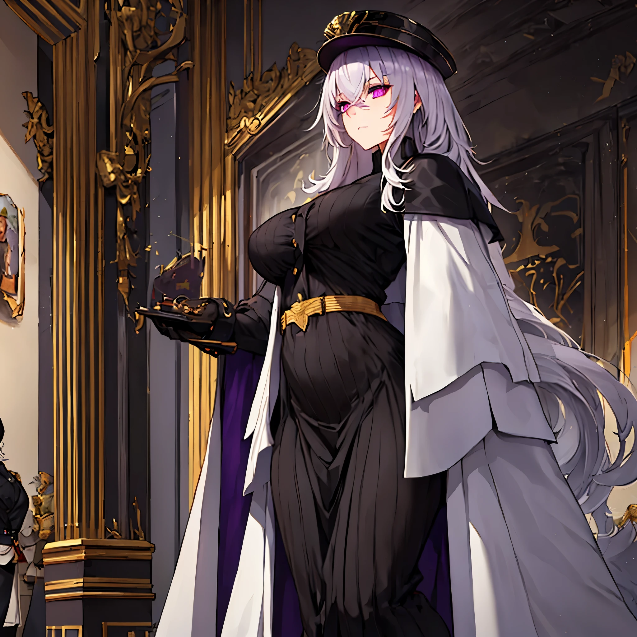 a woman wearing a black military dress with gold details, golden shoulder pads, long black cape, long gray hair, black military hat with gold details, purple eyes, walking in a luxurious room with white walls, golden pillars, medieval paintings.k, HDR , ultra resolution, sharp, masterpiece, 8K HD (solo woaman)
