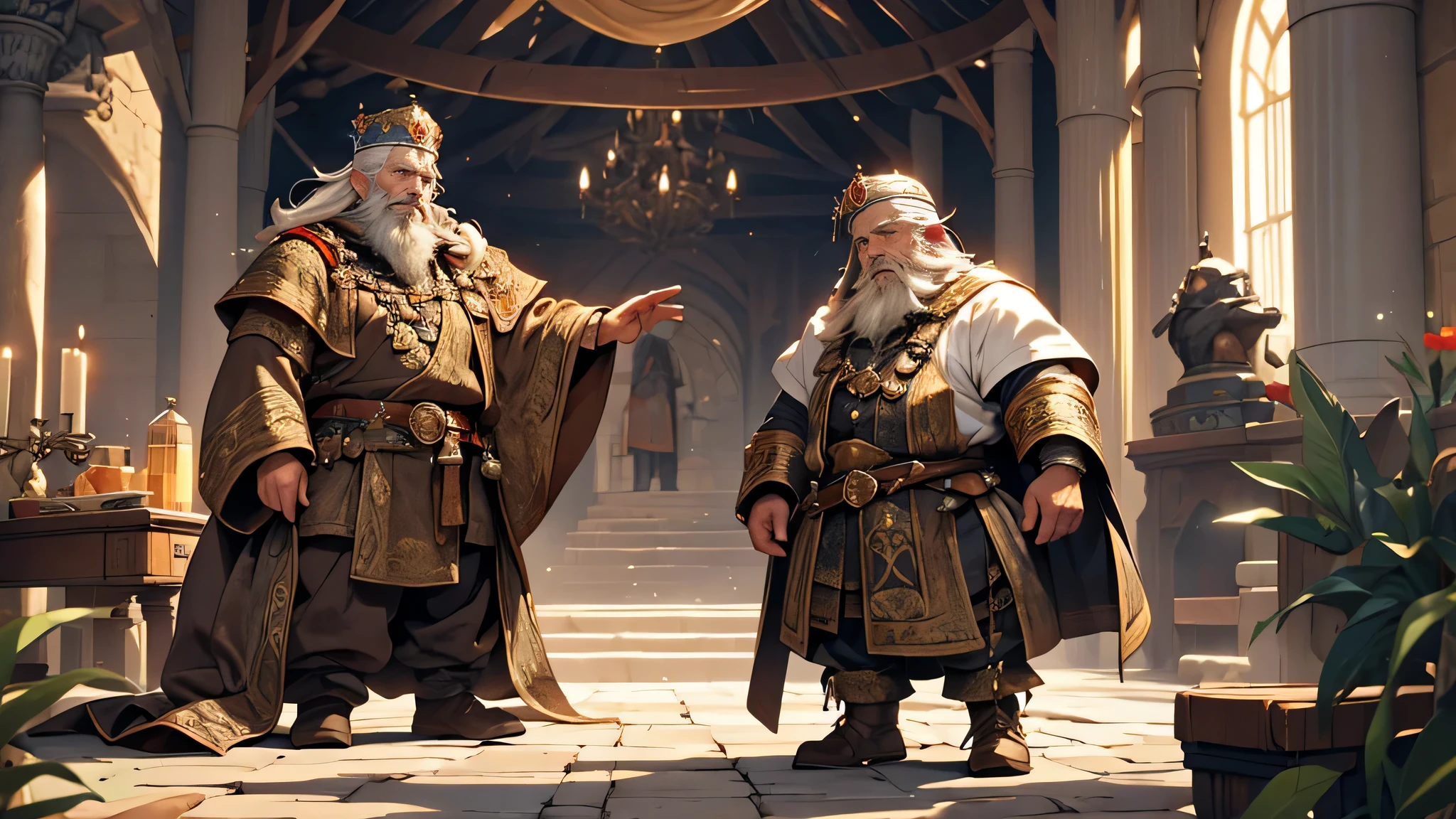 A young dwarf with short black hair and a beard, sturdy body, talking to an old dwarf king with white hair and beard, the dwarf king is wearing a crown.