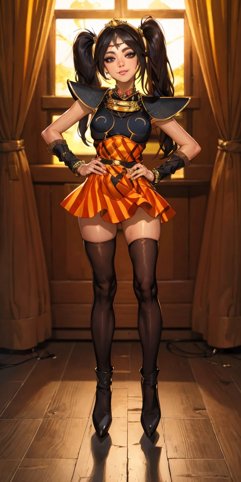 full body standing straight symmetrical, huge cowboy shot, solo 1MILF, lustful smirking smile face, looking at viewer, hands on hips, twintails, twin drills, dress, striped pantyhose, metal handcuffs on their hands with a black maetal slave collar around her neck, cowbell attached to the choker, sleeveless, black stockings, golden tiara