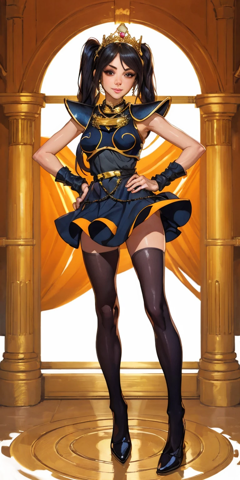 full body standing straight symmetrical, huge cowboy shot, solo 1MILF, lustful smirking smile face, looking at viewer, hands on hips, twintails, twin drills, dress, striped pantyhose, metal handcuffs on their hands with a black maetal slave collar around her neck, cowbell attached to the choker, sleeveless, black stockings, golden tiara