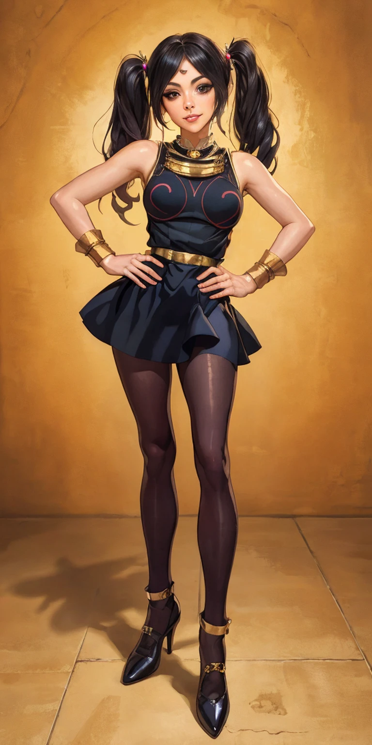 full body standing straight symmetrical, huge cowboy shot, solo 1MILF, lustful smirking smile face, looking at viewer, hands on hips, twintails, twin drills, dress, striped pantyhose, metal handcuffs on their hands with a black maetal slave collar around her neck, cowbell attached to the choker, sleeveless, black stockings, golden tiara