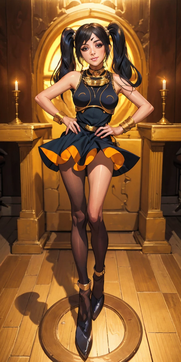 full body standing straight symmetrical, huge cowboy shot, solo 1MILF, lustful smirking smile face, looking at viewer, hands on hips, twintails, twin drills, dress, striped pantyhose, metal handcuffs on their hands with a black maetal slave collar around her neck, cowbell attached to the choker, sleeveless, black stockings, golden tiara