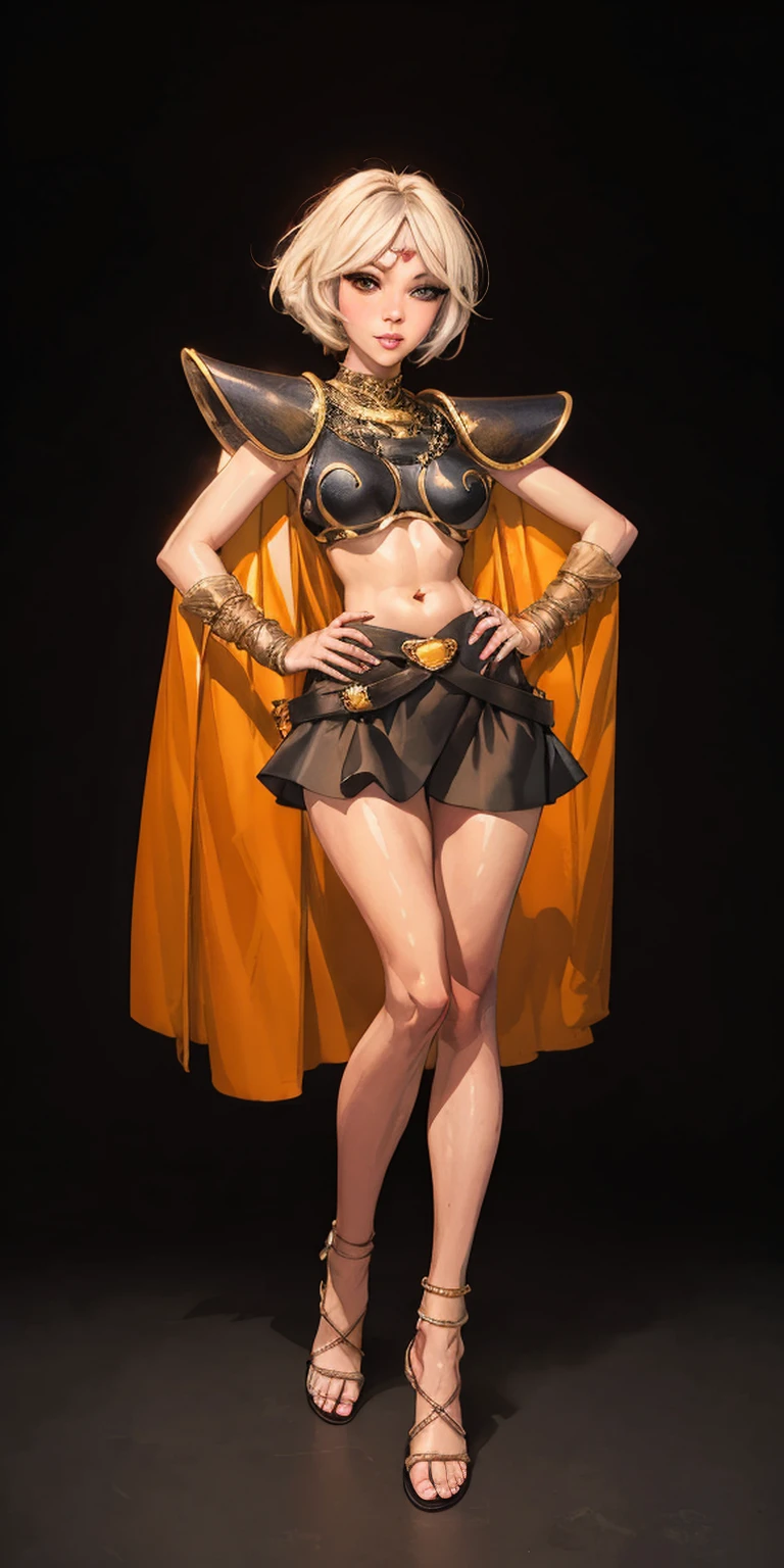 ((BLACK BACKGROUND,1:2, masterpiece)), full body MILF BIMBO standing with two long thighs and two metal sandals, red eyes, silver white hair, short bob style hair, big breasts, cleavage, separate sleeves, tiara royal, long cape up to two feet, yellow bikini, hands on waist, navel, lustful smirking smiling, smile face (red blushed, red cheeks), metal shoulders, gold sleeveless armbands, black leather choker slave collar, shackle bracelets, sex slave red crest, pauldrons, breastplate, corset, eye focus, full body, whole body. 1solo . slave fighter, loincloth standing, hands on hips, metal sandals, backpack, choker, big belt, view from below, feet together, bracers, tiara, 1solo female with 2 hands on glass, glass window fog water drop, metal handcuffs, black choker collar, thigh highs, long legs, metal ankle, metal sandals, metal shoulders, standing straight symmetrical against glass