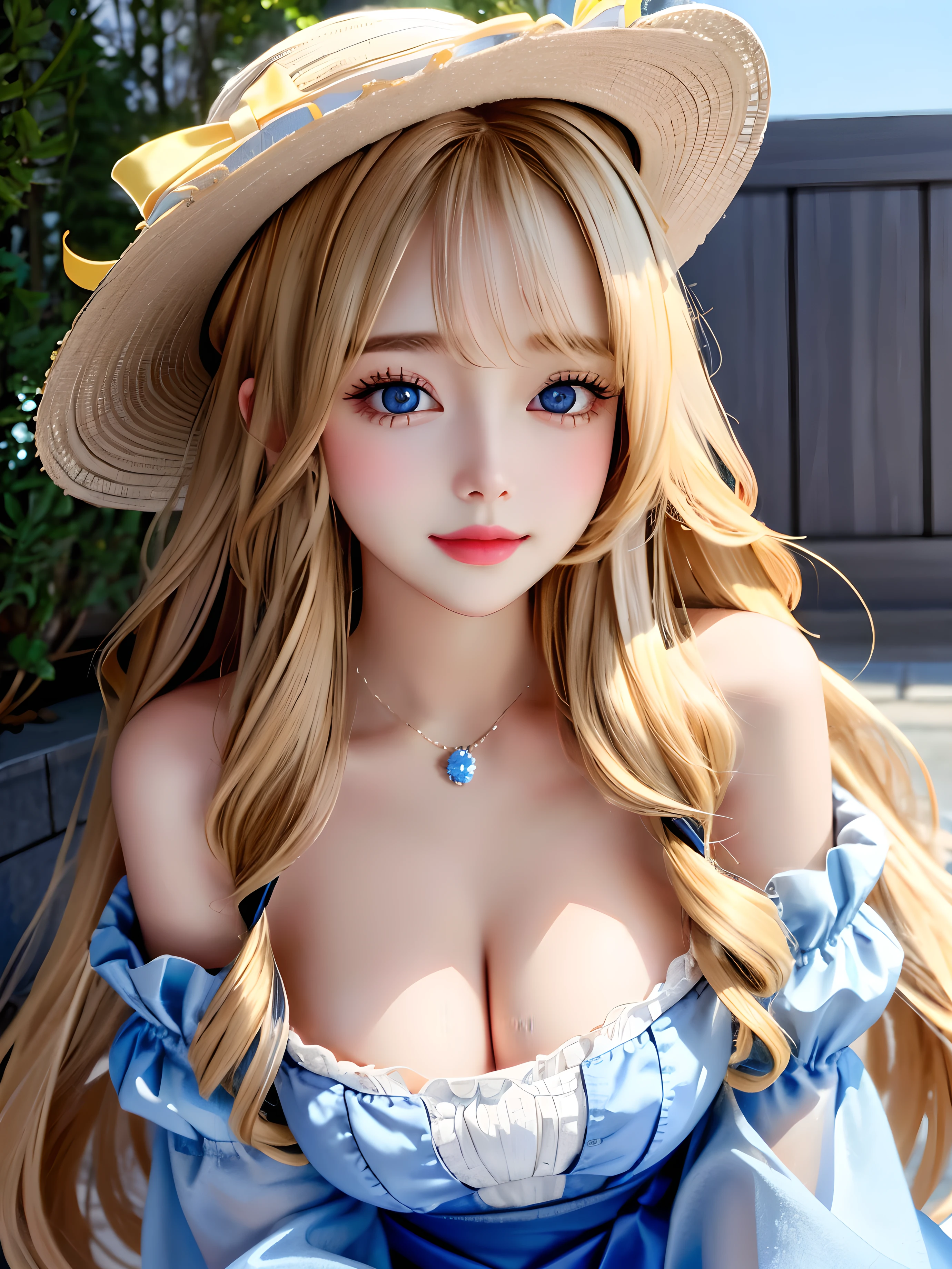 Cute hair flying in front of face、Sexy big breasts , huge breasts, saggy breasts:1.4、20-year-old sexy face、Shiny Blonde Hair、curls、Very long hair,Hair flying in front of face、Long silky bangs cover her lovely eyes、Hair covers up the sexy and beautiful face、Extra-long hair、Sexy cute beautiful girl、Nice hat,Shining beautiful light blue eyes、Small face beauty、Bright expression、from below、