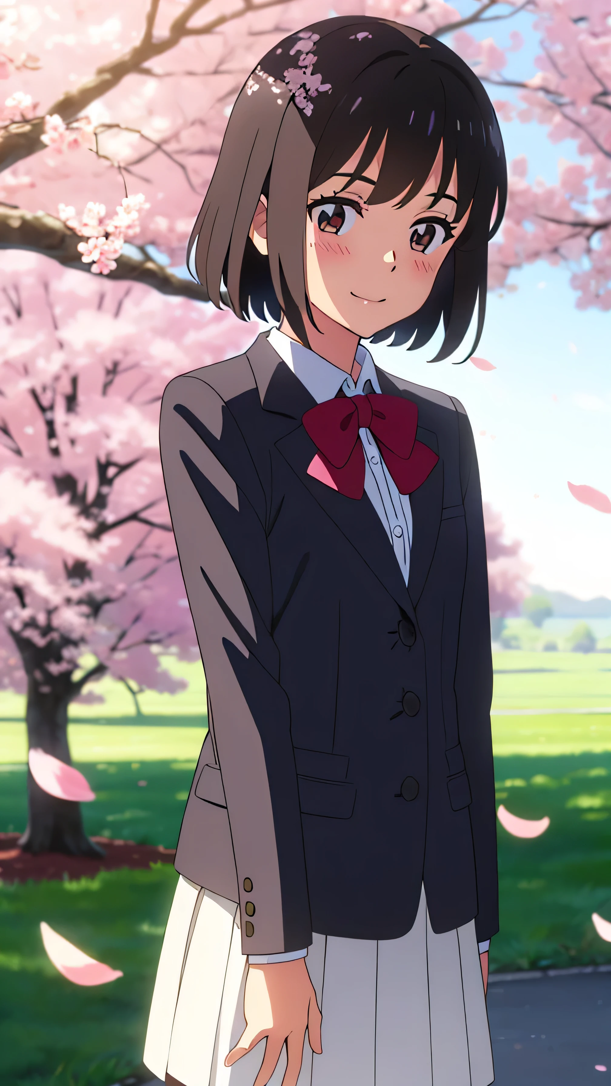 shinkai makoto, kimi no na wa., 1girl, bangs, black hair, blush, brown eyes, shiny skin, red headband, red bow, red ribbon, collared shirt, white shirt, black blazer, white skirt, short hair, smile, cute, solo, happy, beautiful, looking at the viewer, long sleeves, upper-body, cherry_blossoms, falling_petals, petals, branch, pink_flower, blue_sky, sunlight, spring_season, wind, tree