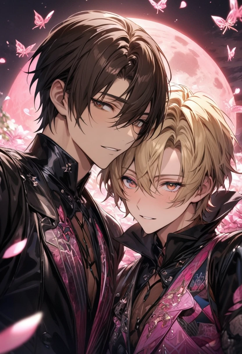 absurdres, highres, ultra detailed, HDR, master piece, best quality, perfect face, beautiful eyes, delicate features, Quincy, blond messy short hair, hair between the eyes, expressive amber eyes, Nu Carnival, Eiden, dark brown short hair, hair between the eyes, expressive brown eyes, two men together, gay couple, handsome, fantasy black leather clothes, black clothes, patterns, pink ice butterflies, pink ice flowers, pink ice petals, pink moon, sky