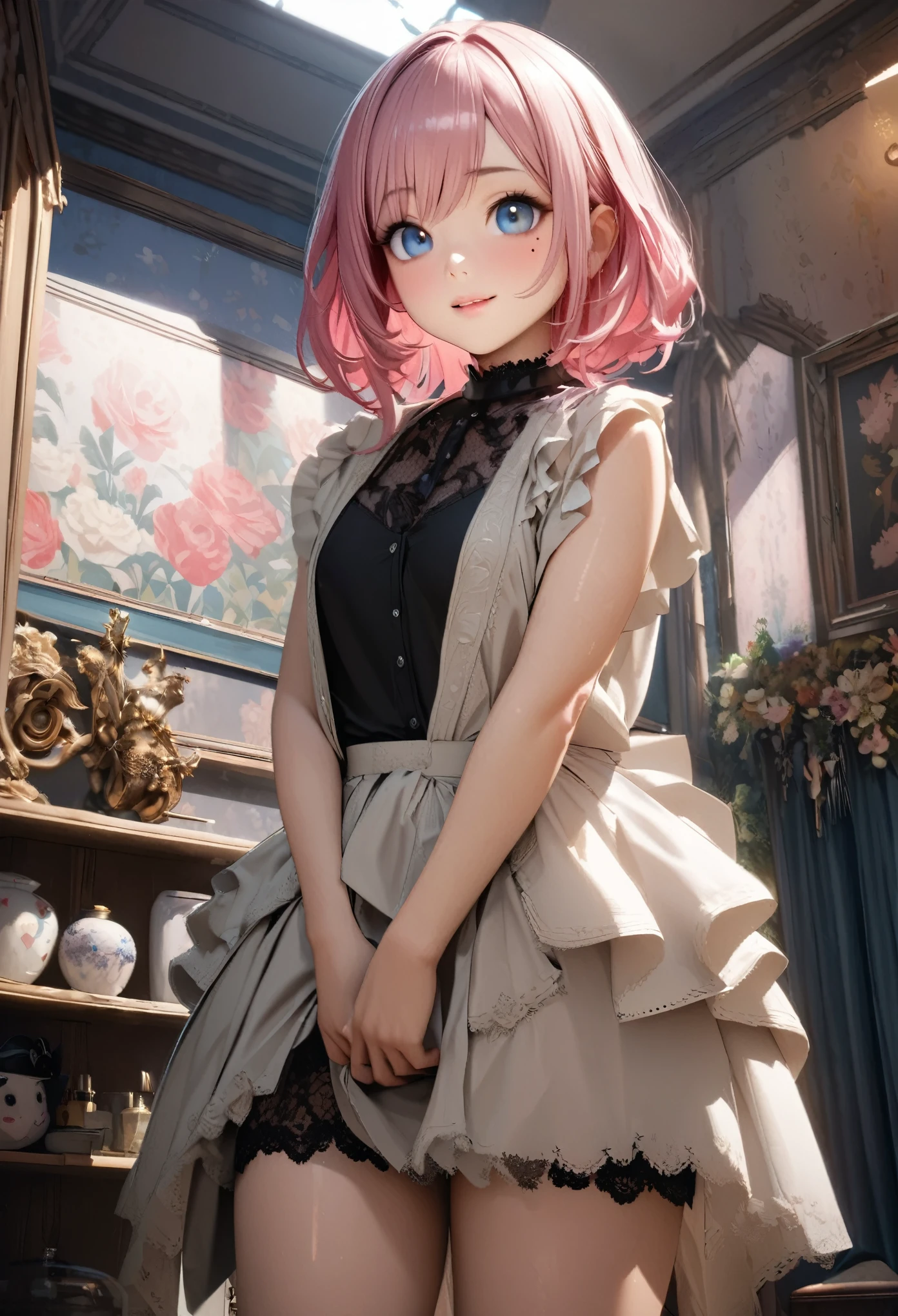 One Girl、Looking at the audience、
Beautiful Blue Eyes、shoulder-length pink hair、,Mole under the eye、Plump and glossy lips、Heart-shaped choca、Idol、smile、ー、。.。.。.。.。.。.。.。.。.。.。.。.。.。.。.。.。.。.3D、Realistic、
The black tank top and hort skirt、Drape clothes、gem、The decoration has been removed、Floral、Lace trim、girl's room,large bedroom,
masterpiece、highest quality、8k、Detailed skin texture、Detailed cloth texture、Beautifully detailed face、Intricate details、Very detailed、
超A high resolution、8K Ultra HD、Film Grain、Best Shadow、delicate、Staring at the audience、front