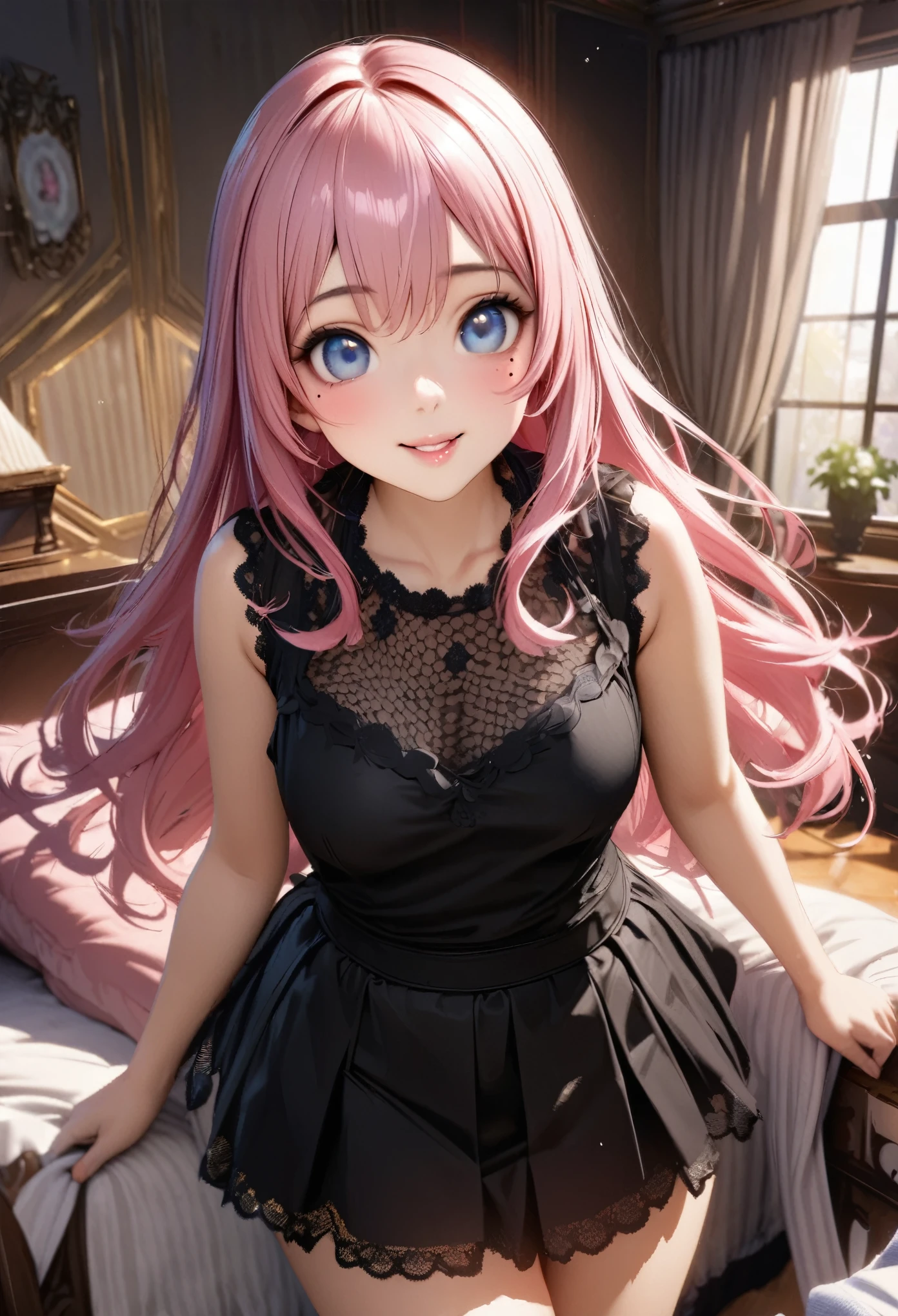 One Girl、Looking at the audience、
Beautiful Blue Eyes、shoulder-length pink hair、,Mole under the eye、Plump and glossy lips、Heart-shaped choca、Idol、smile、ー、。.。.。.。.。.。.。.。.。.。.。.。.。.。.。.。.。.。.3D、Realistic、
The black tank top and hort skirt、Drape clothes、gem、The decoration has been removed、Floral、Lace trim、girl's room,large bedroom,
masterpiece、highest quality、8k、Detailed skin texture、Detailed cloth texture、Beautifully detailed face、Intricate details、Very detailed、
超A high resolution、8K Ultra HD、Film Grain、Best Shadow、delicate、Staring at the audience、front