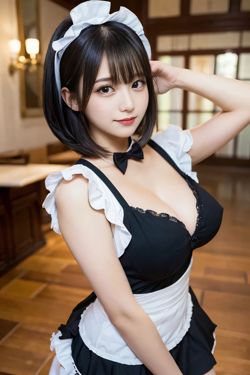 masterpiece, Best Quality, Illustration, Ultra-detailed, finely detail, hight resolution, 8K Wallpaper, Perfect dynamic composition, Beautiful detailed eyes, chorker, maid uniform, frilled miniskirt, (Black hair 1.2), Short bob hair, (gigantic breasts:1.4), cleavage, Cool pose, sneering, mansion, a 18 year old girl, Cool, (kawaii:1.3), (Beautie:1.5), Sexy shot looking at camera, sidelong glance, glares, sullenness, Downer, a cool, boyish, looks sleepy, smile, portrait, 