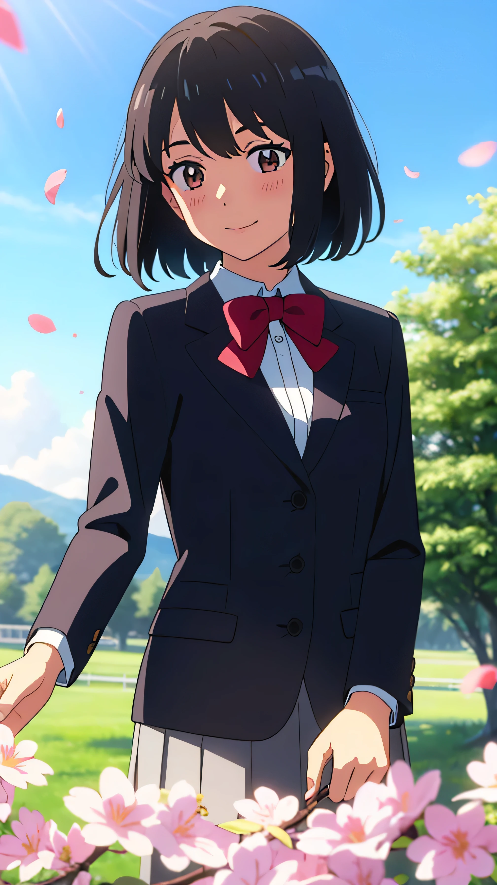 shinkai makoto, kimi no na wa., 1girl, bangs, black hair, blush, brown eyes, shiny skin, red headband, red bow, red ribbon, collared shirt, white shirt, black blazer, white skirt, short hair, smile, cute, solo, happy, beautiful, looking at the viewer, long sleeves, upper-body, cherry_blossoms, falling_petals, petals, branch, pink_flower, blue_sky, sunlight, spring_season, wind, tree