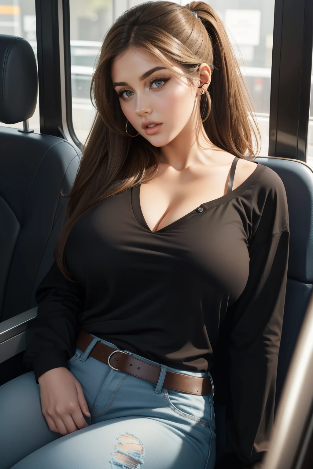 1 beautiful woman, large body, black and brown hair on ends, ponytail, eyelids made up, eyelids outlined with makeup, black long-sleeved polo shirt with neckline, neckline, strappy neckline, light blue jeans, cream clutch, wearing headphones, sleeping open-mouthed, asleep on the bus seat, head hanging, mouth wide open, nodding, Lucy Pinder, ((Adele)), face portrait.