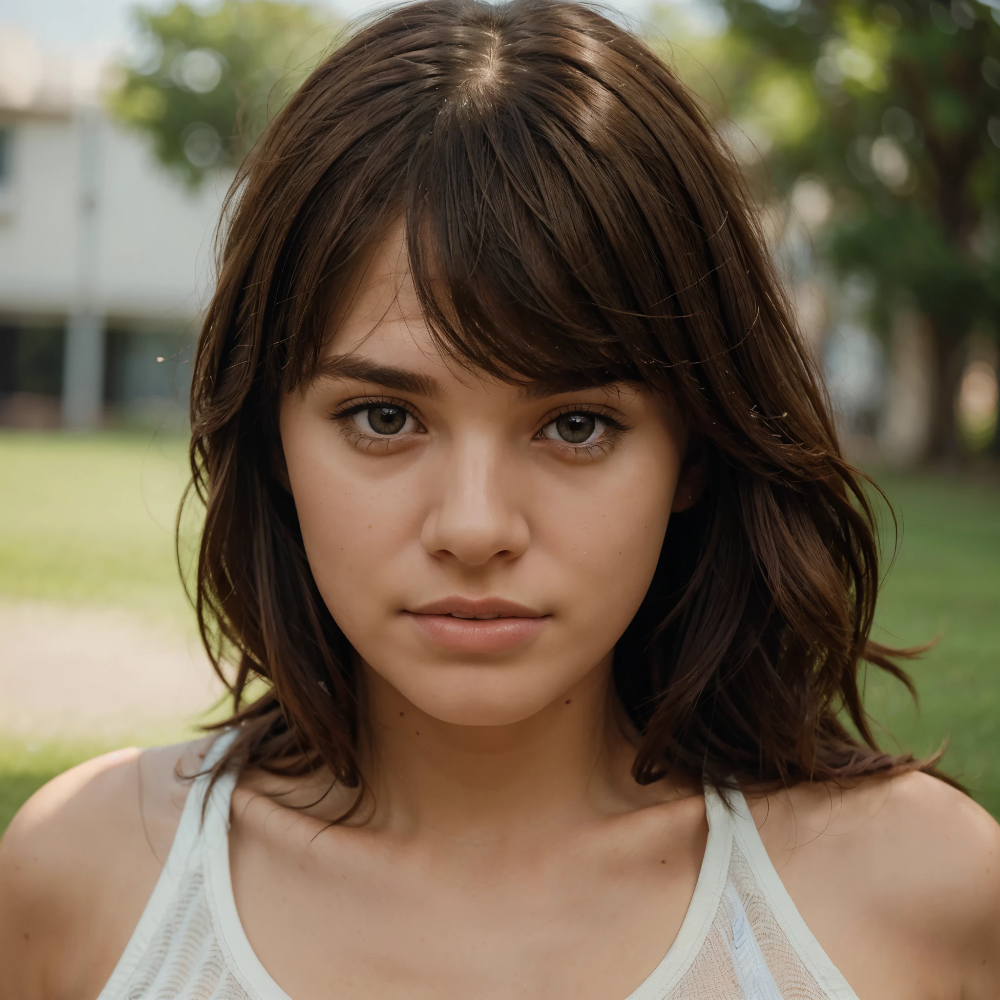 brown hair woman with bangs and cute wearing nike clothes, Close up portrait photography, Realistic face, Natural photography, Ultra HD