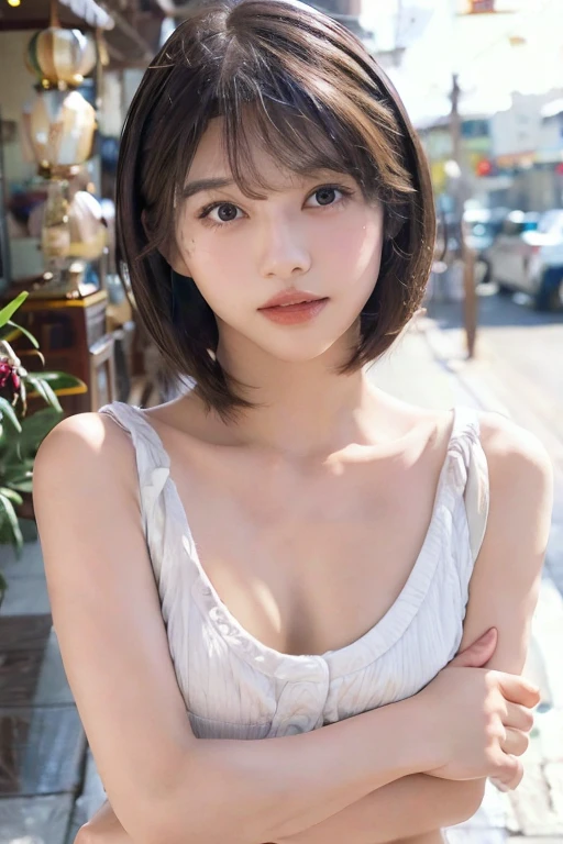 zydG, 1girl, Detailed muscle, look, Brown eyes, (Shorthair with bangs:1.2), (Mid-chest:1.0), (middle breast wheel:0.8), (Photorealistic:1.4), (Highest quality:1.0), 8K, RAW Photos, (masterpiece:0.2), (pureerosface_v1:0.5)