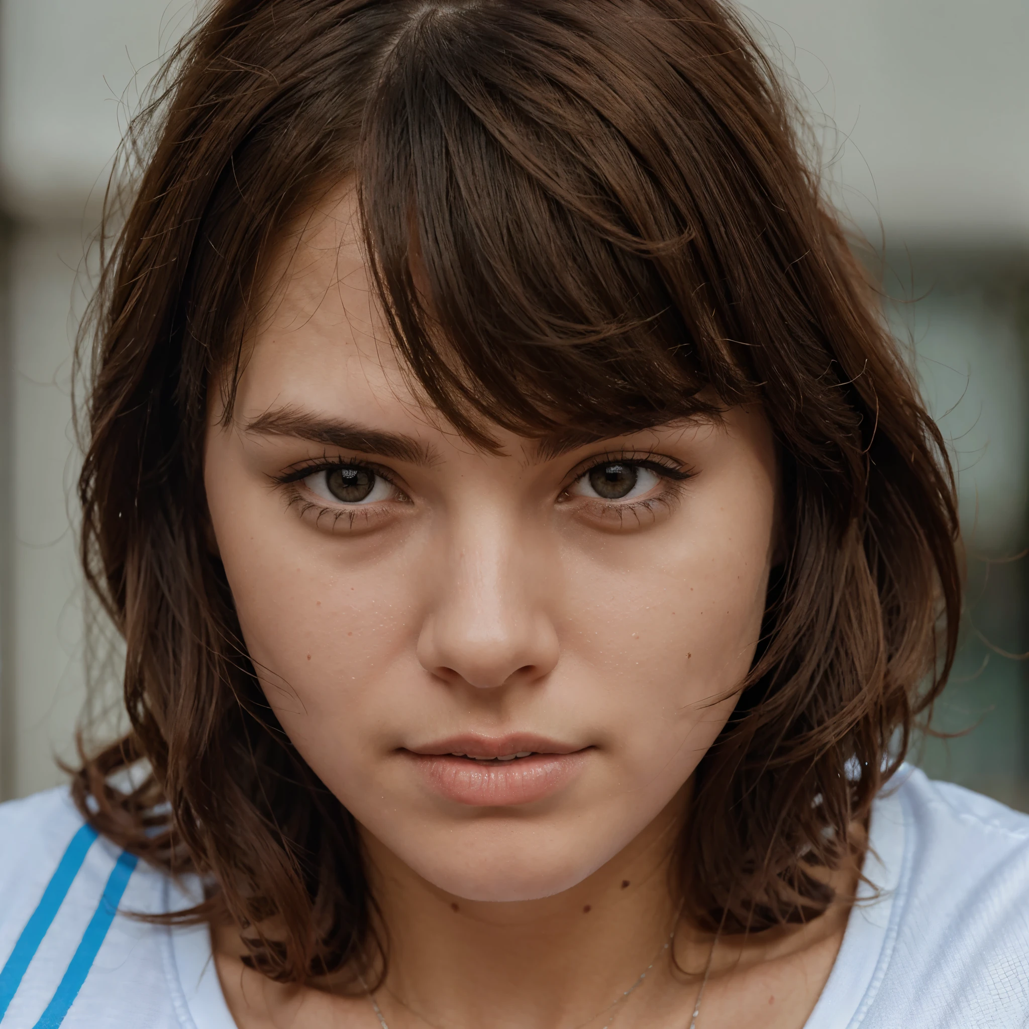 brown hair woman with bangs and cute wearing nike clothes, Close up portrait photography, Realistic face, Natural photography, Ultra HD