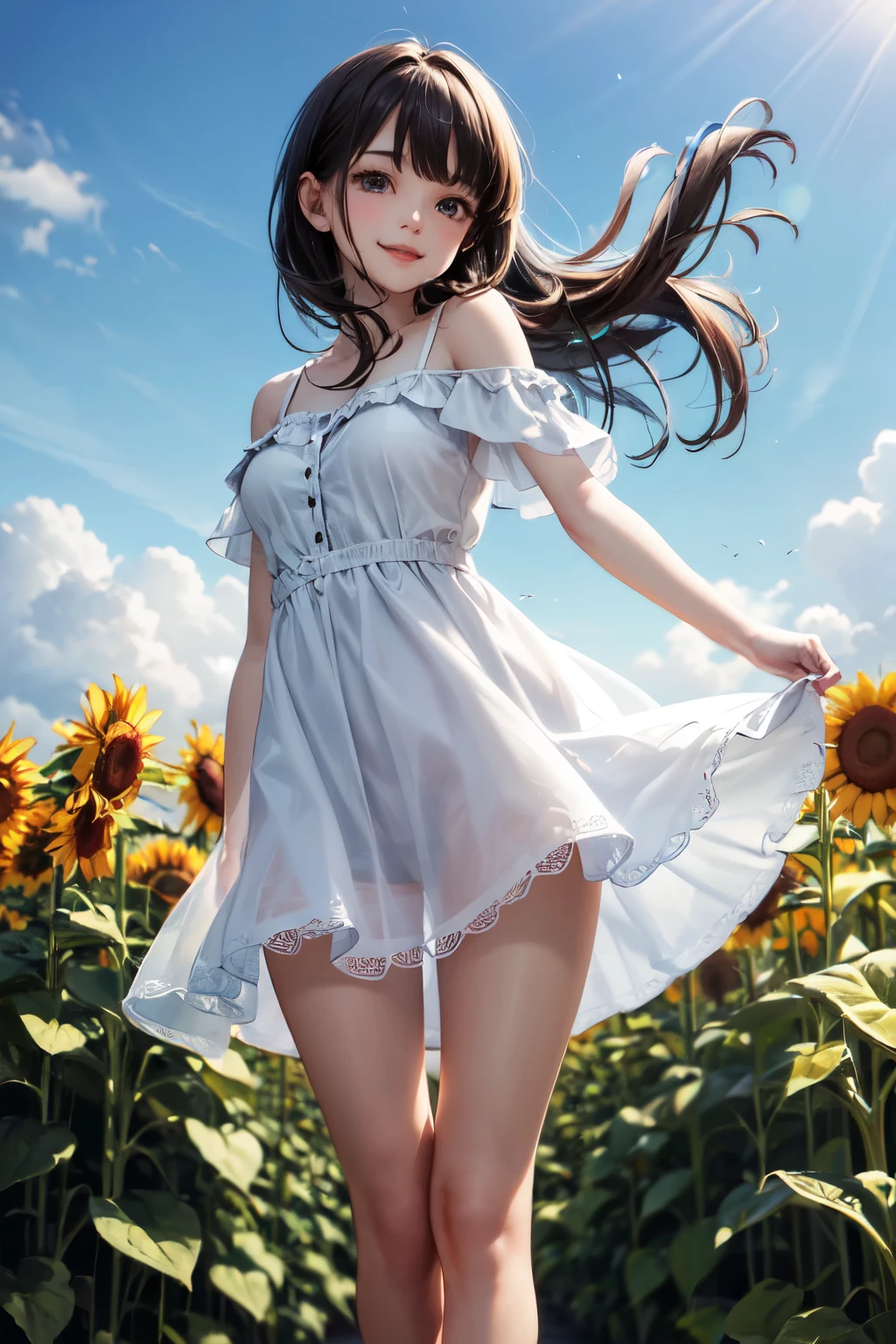 very cute and beautiful girl,frilled white summer dress with detailed lace,(highly detailed beautiful face),
standing in middle of sunflower field,beautiful summer sky,(smile),black hair,mid shot,stylish pose,detailed legs,
(best quality,masterpiece:1.0),absurdres,highres,ultra-detailed,extremely detailed,32k,8k resolution,
intricate details,cinematic scene,detailed background,solo,dynamic angle,
solo,hair fluttering in the wind,